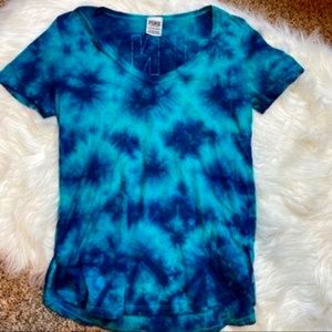 Pink Blue Tie Dye Logo Short Sleeve V Neck